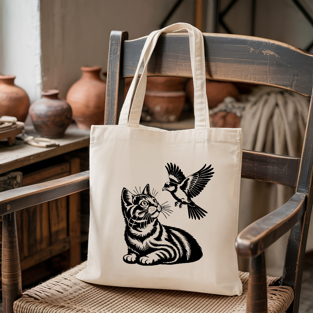 Tote bag chat femme illustré posé sur une chaise – posture féline – MARJANE et Cie