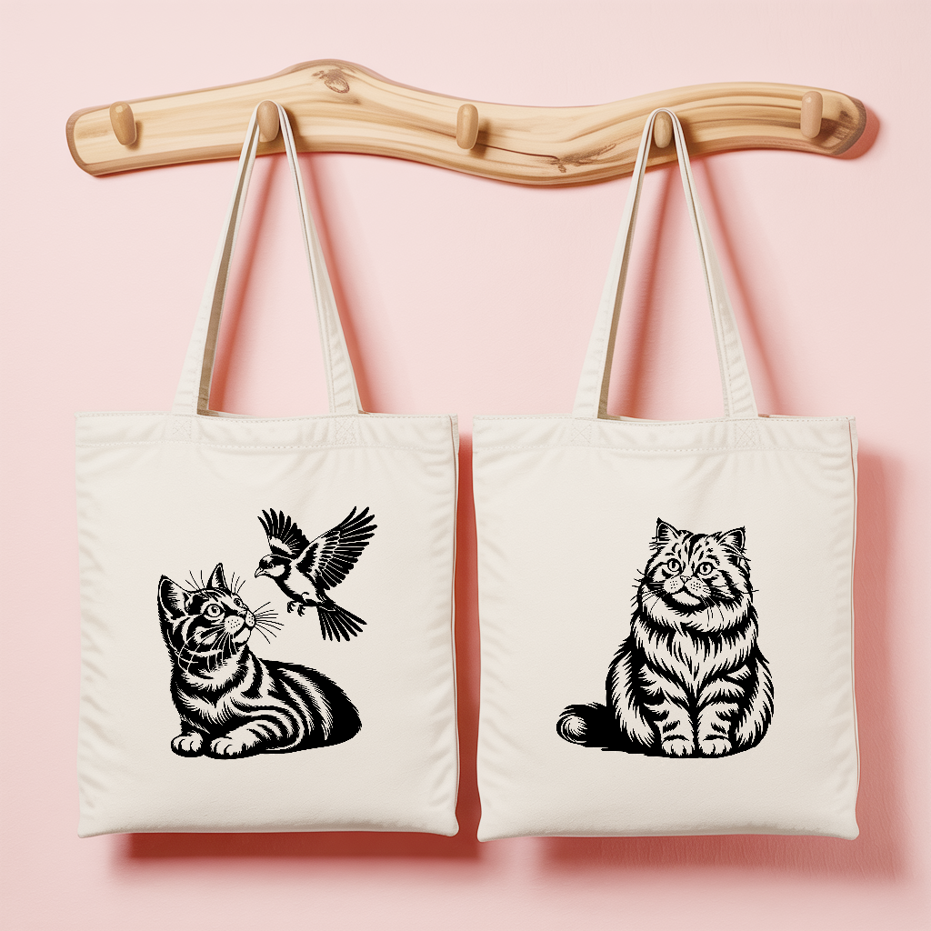 Tote bag femme avec illustrations de chat fasciné et chat monochrome élégant – MARJANE et Cie
