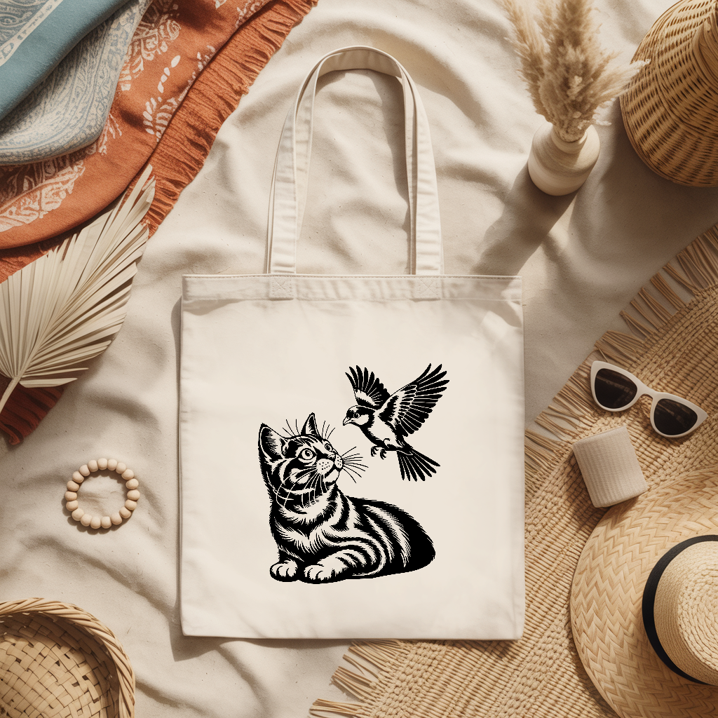 Tote bag chat femme illustré posé à plat, vue de dessus – MARJANE et Cie