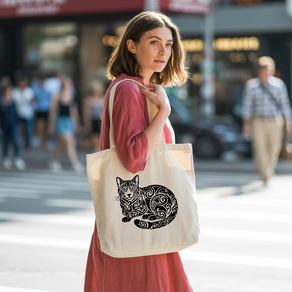 Tote bag chat femme porté par une femme déterminée - MARJANE et Cie