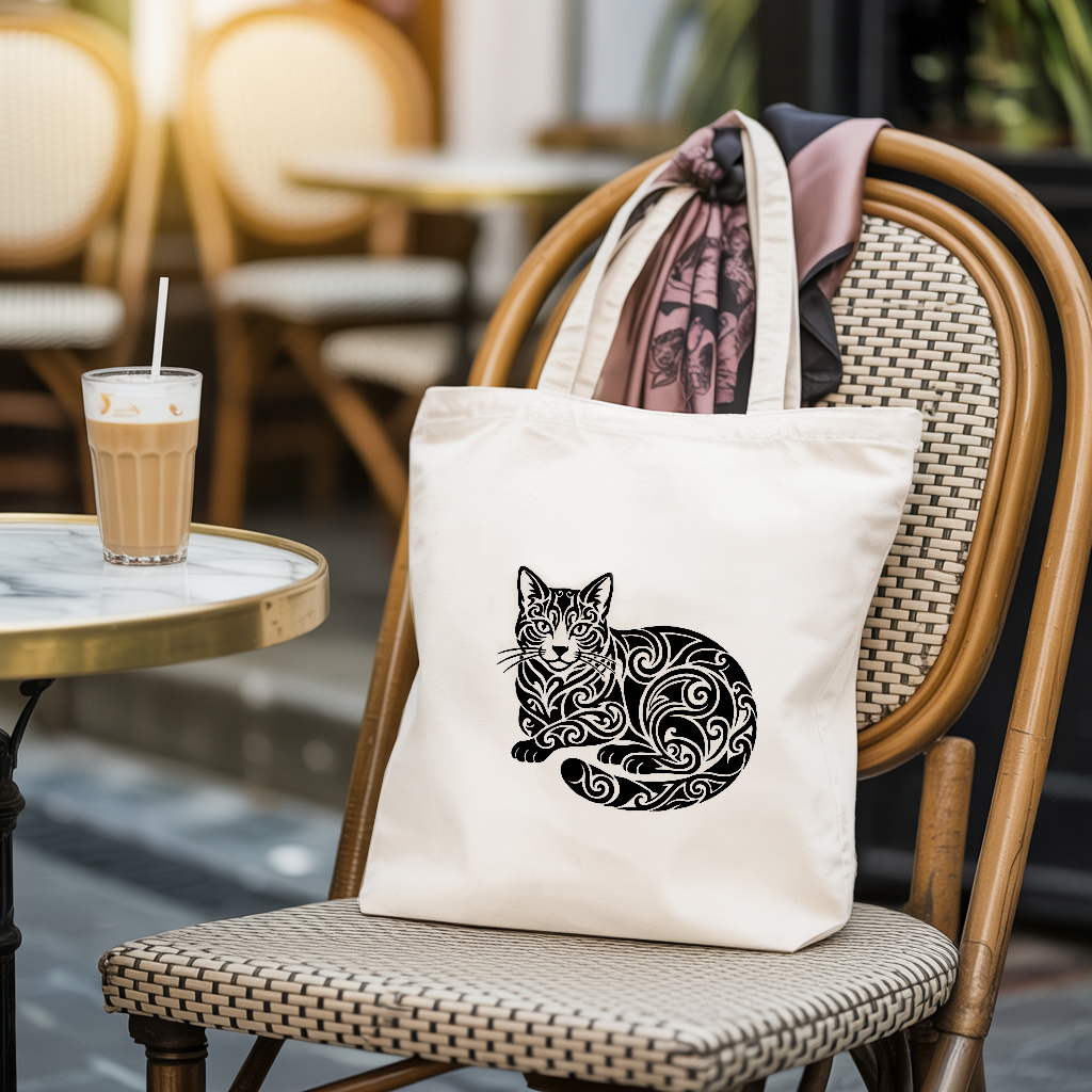 Tote bag femme illustration chat décoratif adossé à une chaise - MARJANE et Cie