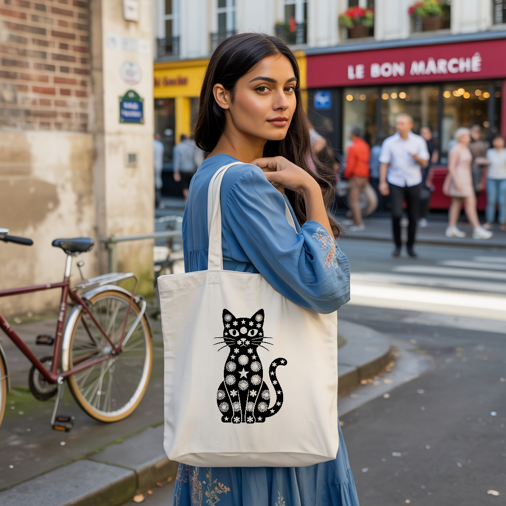 Tote bag chat artistique porté au quotidien par une femme déterminée - MARJANE et Cie