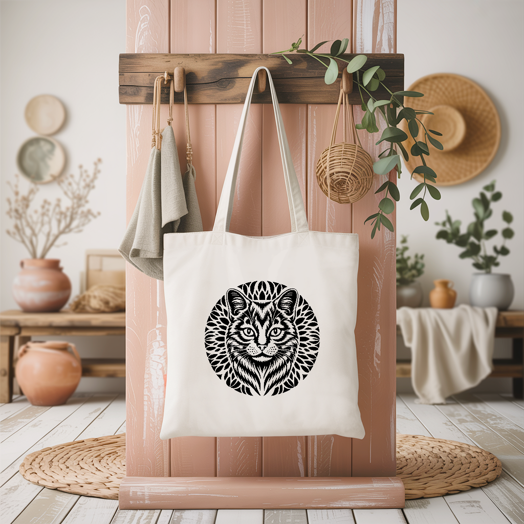 Tote bag femme suspendu à une patère – chat décoratif mandala – MARJANE et Cie