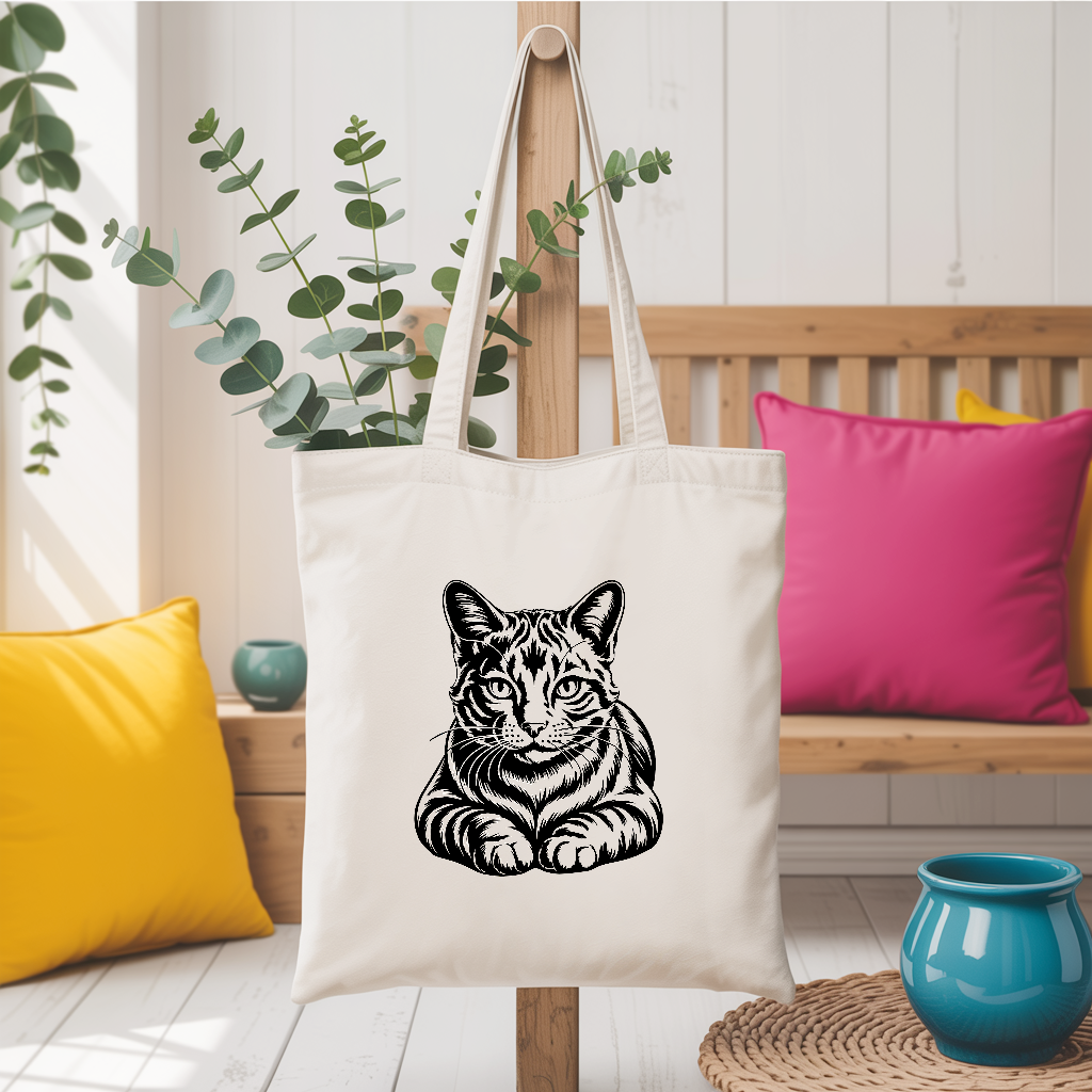 Tote bag chat femme recto illustration suspendu – charme félin naturel - MARJANE et Cie