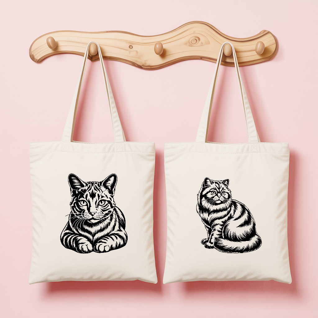 Tote bag femme avec illustrations de chats en monochrome - portrait félin élégant - MARJANE et Cie
