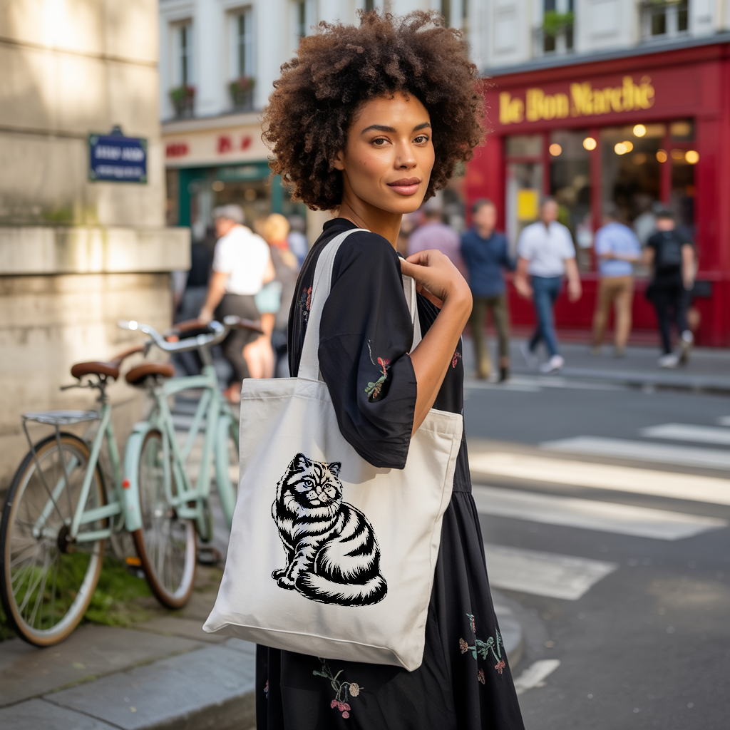 Tote bag chat femme porté par une femme – monochrome noir élégant - MARJANE et Cie