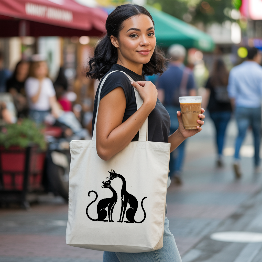 Tote bag chat femme porté par une femme au style affirmé - illustration humoristique - MARJANE et Cie
