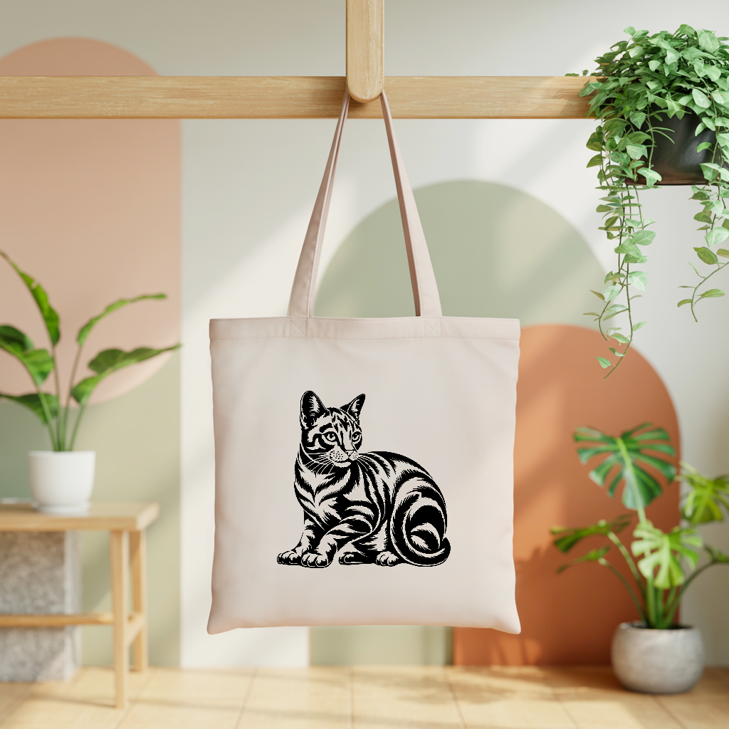 Tote bag chat femme illustration monochrome suspendu – regard intense et expressif - MARJANE et Cie