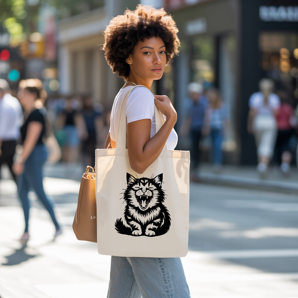 Tote bag chat femme porté par une femme avec élégance – illustration chat drole - MARJANE et Cie