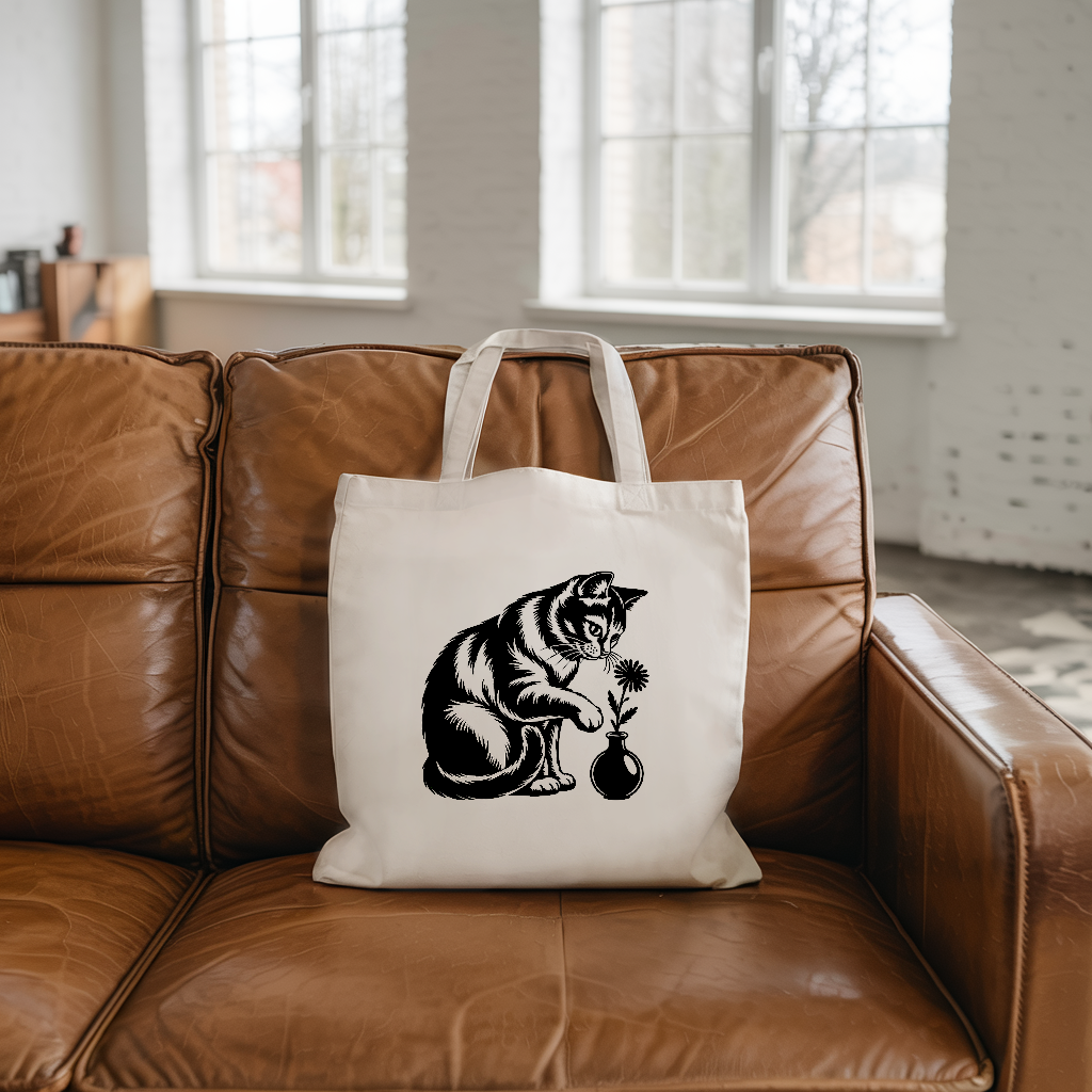 Tote bag femme avec illustration de chat curieux posé sur un canapé - MARJANE et Cie