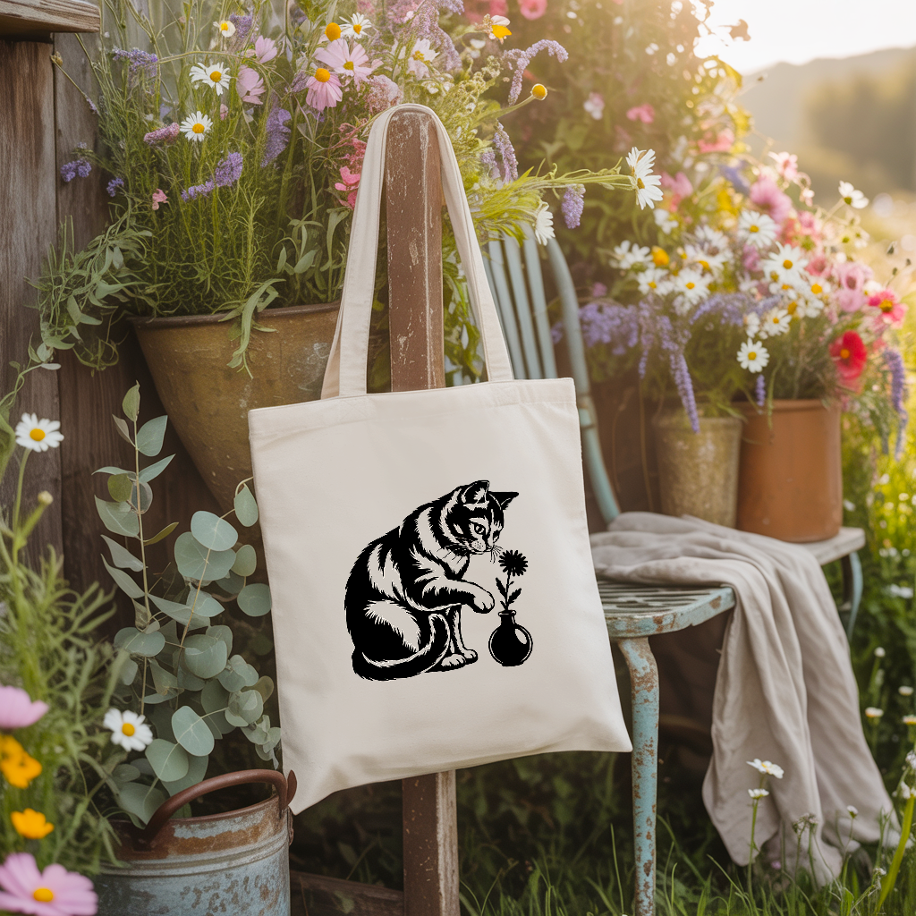 Tote bag chat femme verso noir suspendu à une chaise de jardin - MARJANE et Cie