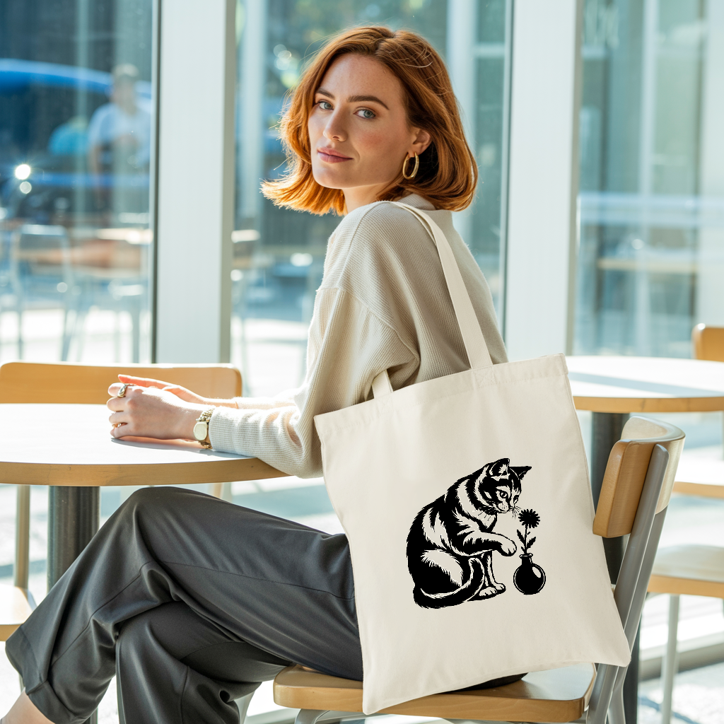 Tote bag chat femme porté en situation par une femme – flocage monochrome noir - MARJANE et Cie
