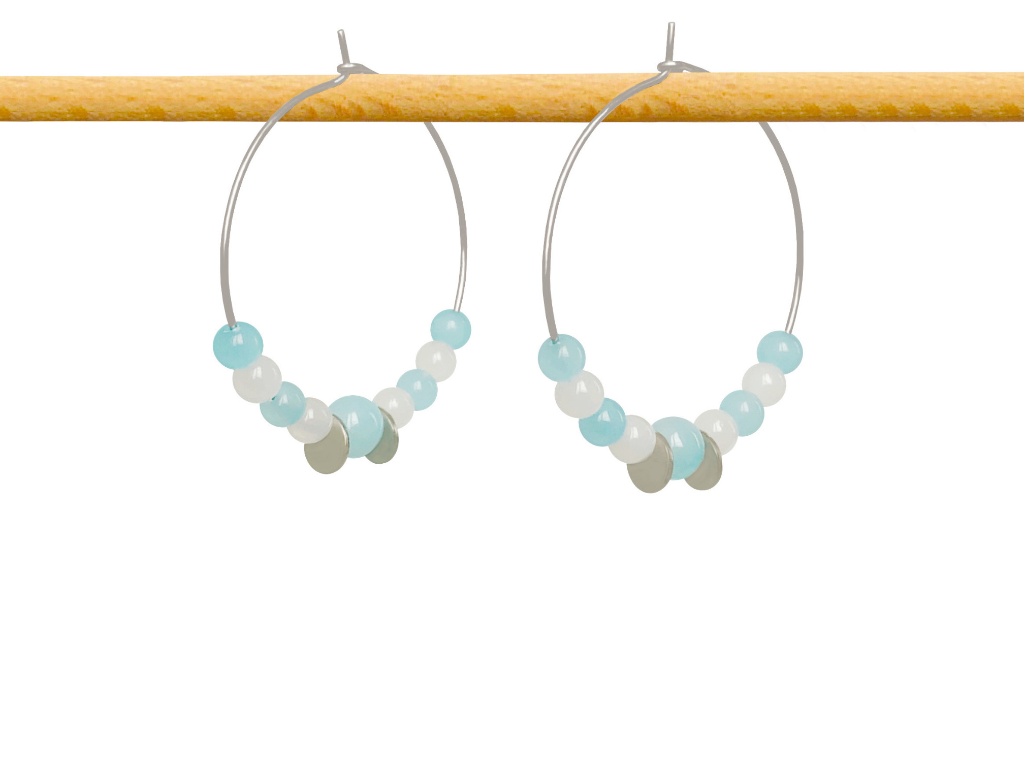 Boucles d'oreilles RAMZA créoles acier inoxydable argent perles couleur bleu et blanc-minimaliste-bohème- MARJANE et Cie
