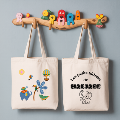 Tote bag bébé personnalisé recto Sieste au soleil et verso prénom en coton blanc avec flocage couleur - MARJANE et Cie