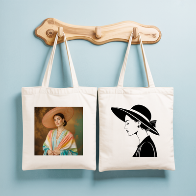 Tote bag femme avec portraits élégants au chapeau en flocage - MARJANE et Cie