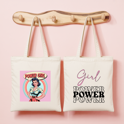 Tote bag femme double face rétro Power Girl en couleur et message Girl Power monochrome - MARJANE et Cie