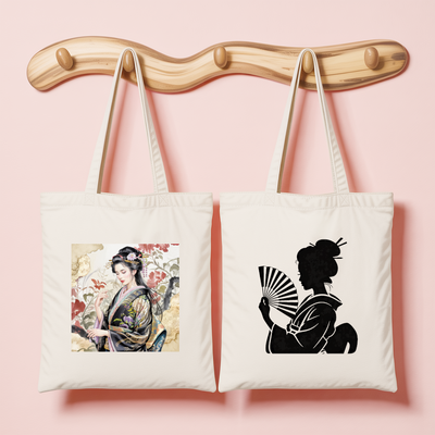 Tote bag femme inspiration japonaise avec portrait en tenue traditionnelle noire et silhouette à l’éventail en noir et blanc - MARJANE et Cie