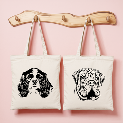 Tote bag femme avec chiens Cavalier King Charles et Shar Pei en flocage monochrome - MARJANE et Cie