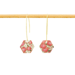 Boucles d'oreilles FUMI acier inoxydable doré or longues pendentif papier washi japonais fleurs couleur rose beige - MARJANE et Cie