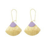 Boucles doreilles MALIA4 longues acier inoxydable doré sequin émaillé eventail violet minimaliste