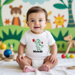 Body bébé personnalisé en coton dinosaure explorateur porté par bébé - MARJANE et Cie