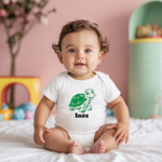 Body bébé personnalisé en coton tortue radieuse porté par bébé - MARJANE et Cie