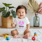 Body bébé personnalisé en coton lapin aux grandes oreilles fille porté par bébé - MARJANE et Cie