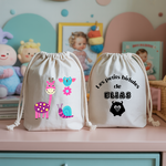 Sac pochon bébé personnalisé face Girafe rayonnante et face prénom en coton avec flocage, cadeau naissance - MARJANE et Cie