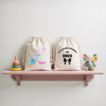 Sac pochon bébé personnalisable Eléphant joueur et texte en coton avec flocage couleur, écoresponsable - MARJANE et Cie