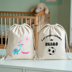 Sac pochon bébé personnalisé face Eléphant joueur et face prénom en coton avec flocage, cadeau naissance - MARJANE et Cie