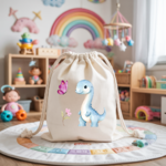 Sac pochon bébé personnalisé Dinosaure bleu émerveillé en coton avec flocage couleur - MARJANE et Cie