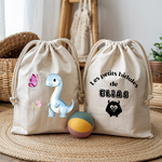 Sac pochon bébé personnalisé recto Dinosaure bleu émerveillé et verso prénom en coton avec flocage couleur - MARJANE et Cie
