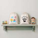 Sac pochon bébé personnalisé face Eléphant bleu et toucan et face prénom en coton avec flocage, cadeau naissance - MARJANE et Cie