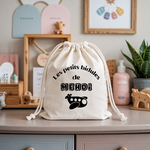 Sac pochon bébé personnalisé Eléphant bleu et toucan face prénom et avion, coton, flocage couleur - MARJANE et Cie