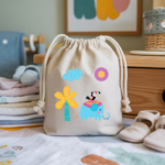 Sac pochon bébé personnalisé Eléphant bleu et toucan en coton avec flocage couleur - MARJANE et Cie