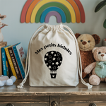 Sac pochon bébé personnalisable Eléphant bleu et toucan face texte et montgolfière, coton, flocage couleur, cadeau naissance - MARJANE et Cie
