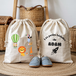 Sac pochon bébé personnalisé recto Lion et compagnie et verso prénom en coton avec flocage couleur - MARJANE et Cie