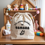 Sac pochon bébé personnalisé Lion et compagnie face prénom et papillon, coton, flocage couleur - MARJANE et Cie