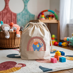 Sac pochon bébé personnalisable éléphant et arc en ciel en coton avec flocage, cadeau naissance- MARJANE et Cie
