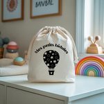 Sac pochon bébé personnalisable éléphant et arc en ciel face texte et montgolfière, coton, flocage couleur, cadeau naissance - MARJANE et Cie