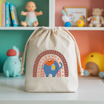 Sac pochon bébé personnalisable éléphant et arc en ciel en coton avec flocage, cadeau naissance- MARJANE et Cie