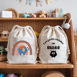 Sac pochon bébé personnalisé face éléphant et arc en ciel et face prénom en coton avec flocage, cadeau naissance - MARJANE et Cie