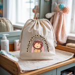 Sac pochon bébé personnalisé lion et arc en ciel en coton avec flocage couleur - MARJANE et Cie
