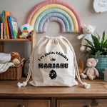 Sac pochon bébé personnalisable lion et arc en ciel face texte et poussin, coton, flocage couleur, cadeau naissance - MARJANE et Cie