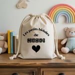 Sac pochon bébé personnalisé Tortue et sa troupe face prénom et cœur, coton, flocage couleur - MARJANE et Cie