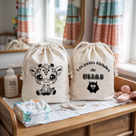 Sac pochon bébé personnalisable girafe sage et texte en coton avec flocage couleur, écoresponsable - MARJANE et Cie