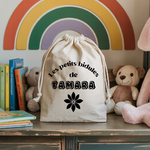 Sac pochon bébé personnalisable chaton émerveillé face texte et fleur, coton, flocage couleur, cadeau naissance - MARJANE et Cie