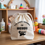 Sac pochon bébé personnalisé chaton émerveillé face prénom et avion, coton, flocage couleur - MARJANE et Cie