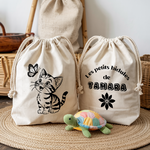Sac pochon bébé personnalisé recto chaton émerveillé et verso prénom en coton avec flocage couleur - MARJANE et Cie