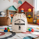 Sac pochon bébé personnalisable panda câlin face texte et lapin, coton, flocage couleur, cadeau naissance - MARJANE et Cie